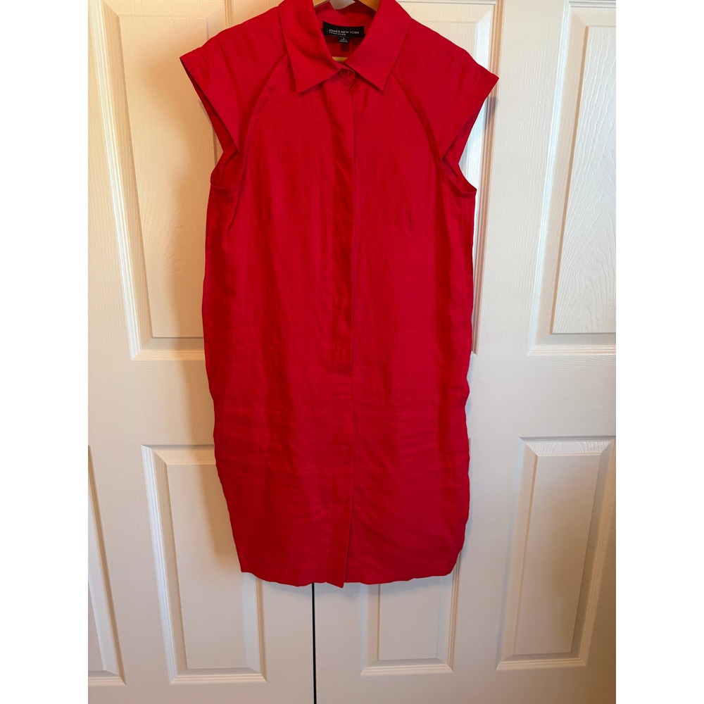 Jones New York Red Linen Sleeveless Shirt Dress Hidden Button Pockets Size 8